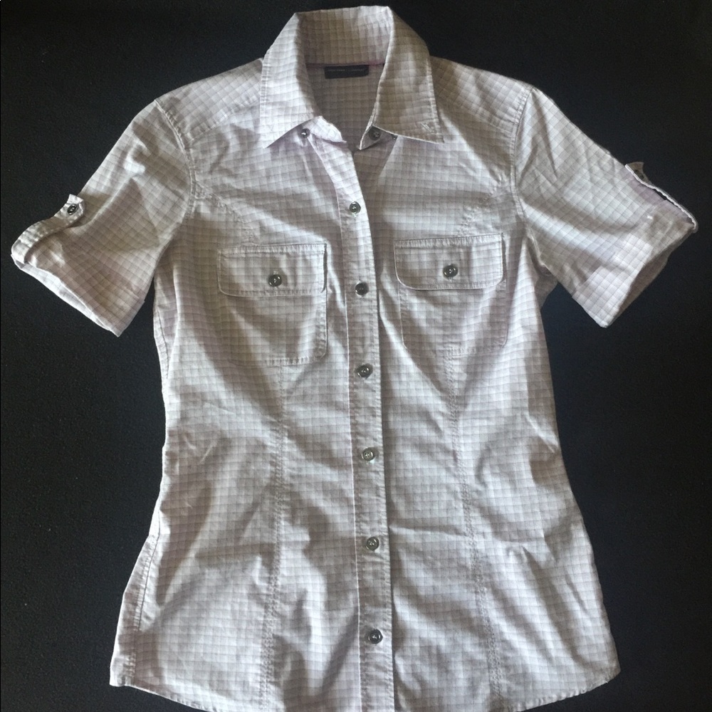 Purple and white plaid button down shirt